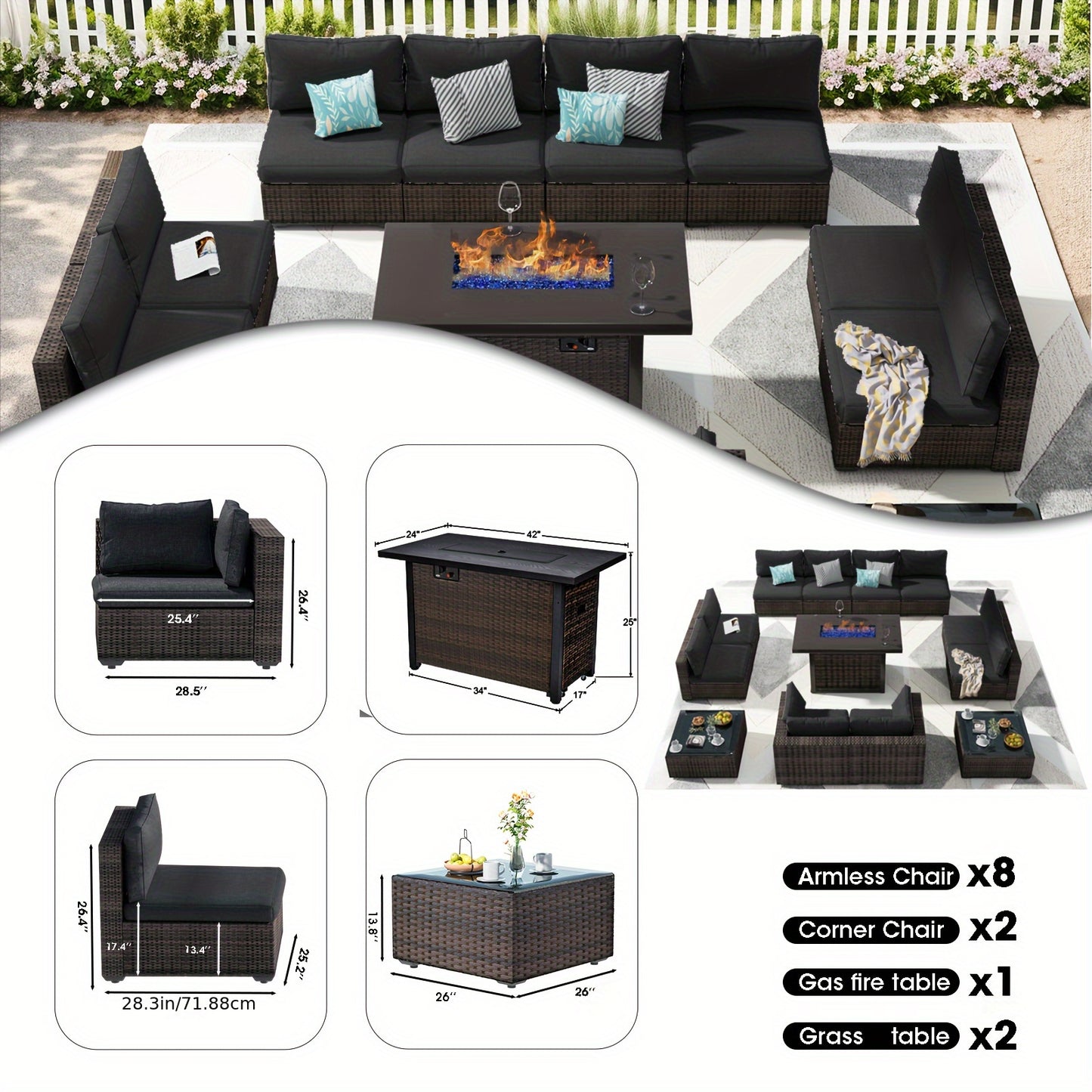 Outdoor Patio Furniture Set with Fire Pit Table, 13pcs Outdoor Furniture Set Patio Sectional Sofa W/42in Propane Fire Pit, PE Wicker Rattan Patio Conversation Sets