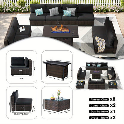 Outdoor Patio Furniture Set with Fire Pit Table, 13pcs Outdoor Furniture Set Patio Sectional Sofa W/42in Propane Fire Pit, PE Wicker Rattan Patio Conversation Sets