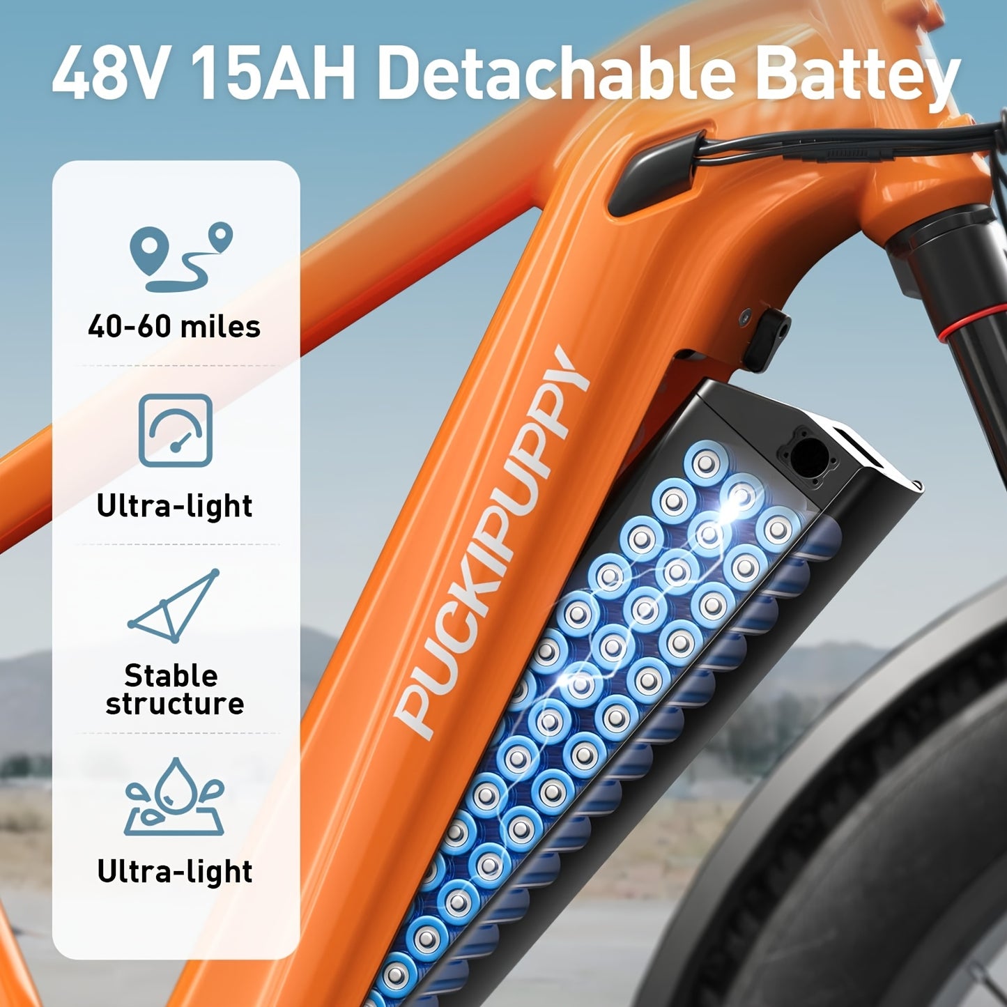 1 Electric Bike For Adults | Rear High-power Brushless Motor, 26" Fat Tire, 48V 15AH Removable Battery, Aluminum Frame with Rear Storage Shelf, Suitable for Outdoor Off-road and Urban Commuting | Orange, PUCKIPUPPY, Disc Brakes
