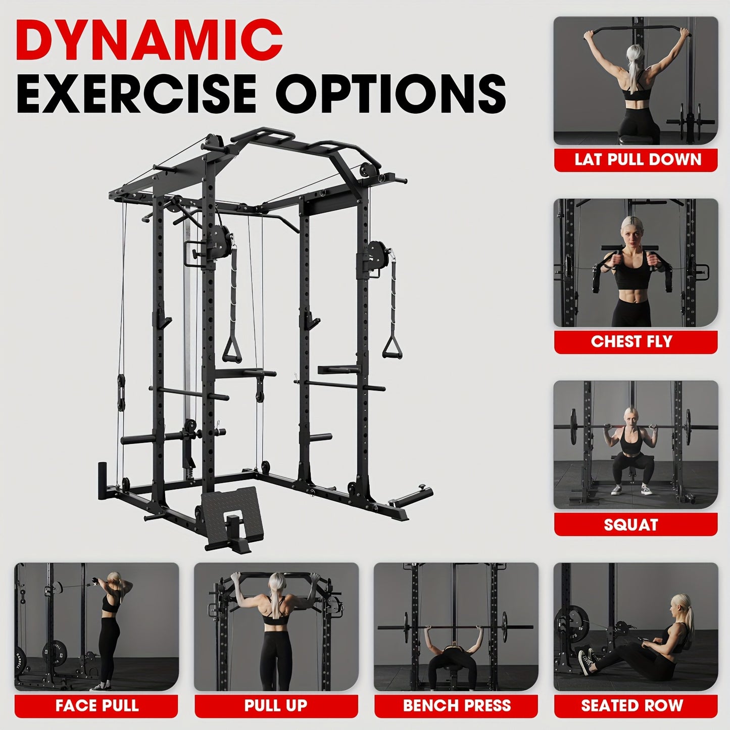 8-in-1 Power Rack Cage With 1500lb Capacity & Cable Crossover Machine - Multi-Function Squat Rack With J-Hooks, Dip Bars, And Landmine - Comprehensive Plate-Loaded Home Gym Equipment (Red)