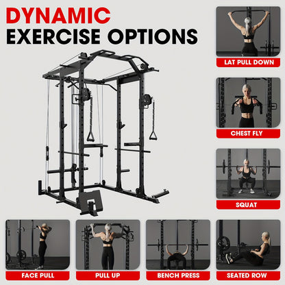 8-in-1 Power Rack Cage With 1500lb Capacity & Cable Crossover Machine - Multi-Function Squat Rack With J-Hooks, Dip Bars, And Landmine - Comprehensive Plate-Loaded Home Gym Equipment (Red)