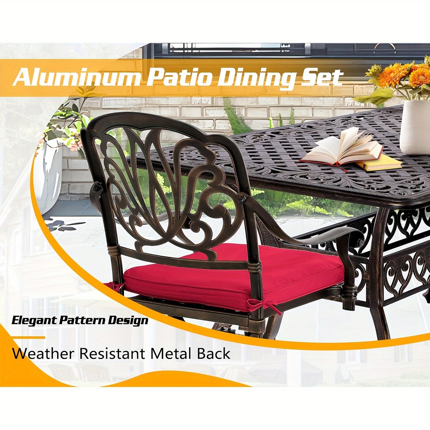 7pcs Heavy-Duty Cast Aluminum Patio Dining Set with Cast-Top Table & Chairs, Red Cushioned Seats & Backs - All-Weather Outdoor Furniture for Backyard, Porch, Poolside - Durable Metal Construction, Elegant Design for Family Gatherings & Entertaining