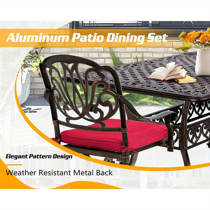 7pcs Heavy-Duty Cast Aluminum Patio Dining Set with Cast-Top Table & Chairs, Red Cushioned Seats & Backs - All-Weather Outdoor Furniture for Backyard, Porch, Poolside - Durable Metal Construction, Elegant Design for Family Gatherings & Entertaining