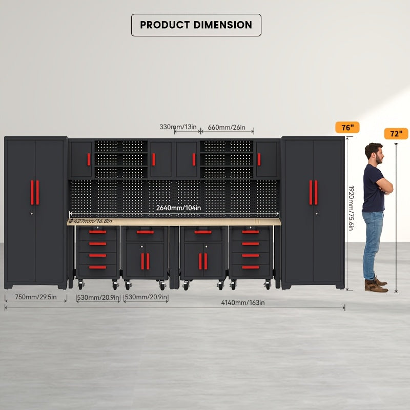 12pcs Heavy-Duty Steel Rolling Tool Box with Lockable Drawers & Cabinet - Heavy-Duty Steel Construction, 2-Tier Shelves, 3 Drawers, 2 Cabinets, Red Accents for Garage Workshop Storage (Black/Red), Workshop Organization,