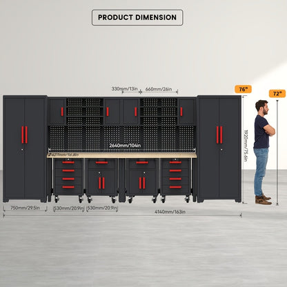 12pcs Heavy-Duty Steel Rolling Tool Box with Lockable Drawers & Cabinet - Heavy-Duty Steel Construction, 2-Tier Shelves, 3 Drawers, 2 Cabinets, Red Accents for Garage Workshop Storage (Black/Red), Workshop Organization,