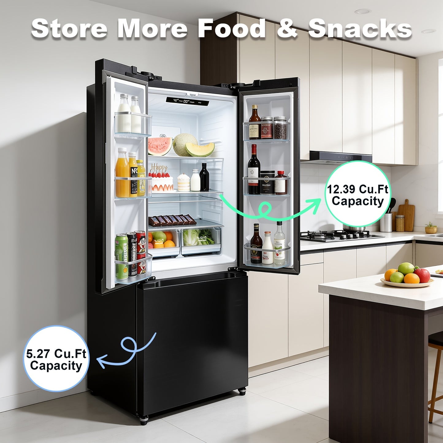 17.7cu Counter-Depth French Door Refrigerator | 17.7 Cubic Feet Capacity, Three-Door Design, Stainless Steel, Adjustable Thermostat, Automatic Defrost