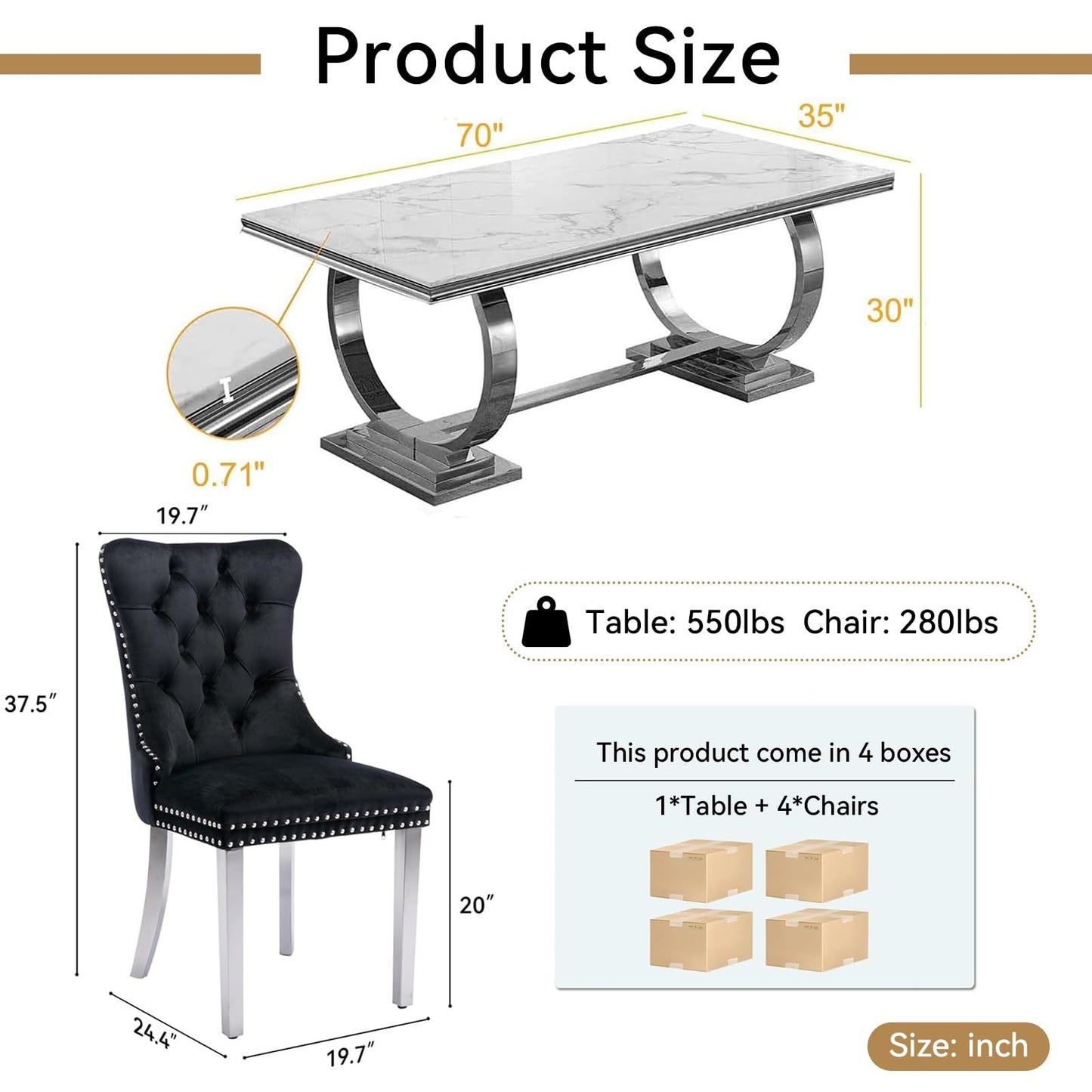 7 Piece Marble Dining Table Set, 70" Faux Marble Dining Table and Velvet Chairs for 6, 7 Piece Luxury Dining Room Table Set and 6 Upholstered Chairs with Stainless Steel Legs