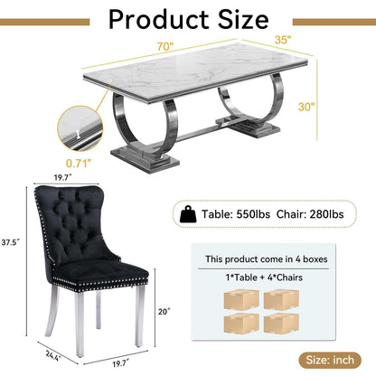 7 Piece Marble Dining Table Set, 70" Faux Marble Dining Table and Velvet Chairs for 6, 7 Piece Luxury Dining Room Table Set and 6 Upholstered Chairs with Stainless Steel Legs