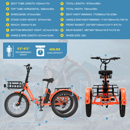 20" Fat Tire Adult Foldable Electric Trike, 500W 48V Electric Trike Motorized 3 Wheel Electric Bicycle,1 Speed Foldable Removable Battery，Home, Travel, Off-Road