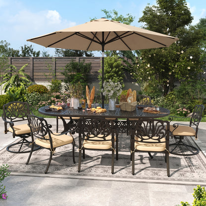 9pcs Cast Aluminum Patio Furniture, Outdoor Dining Sets for 8 Include 87" Oval Patio Dining Table And 8 Chairs with Cushions & Umbrella Hole (Bronze)