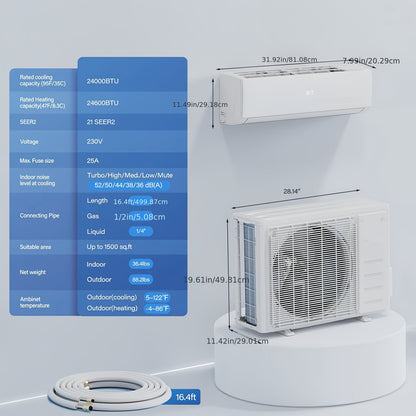 18, 000 BTU 21 SEER Mini Split Air Conditioner with Inverter Technology, 230V/ 60Hz Smart Operation, Quiet Cooler & Heater, Perfect for Home