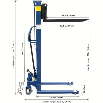 Industrial Heavy-Duty 2200lbs Manual Hydraulic Pallet Stacker | Adjustable Lift Height 3.78"-63" | Fixed Legs & Blue Metal Grid Design | Adjustable Forks For Open Bottom/Block Pallets