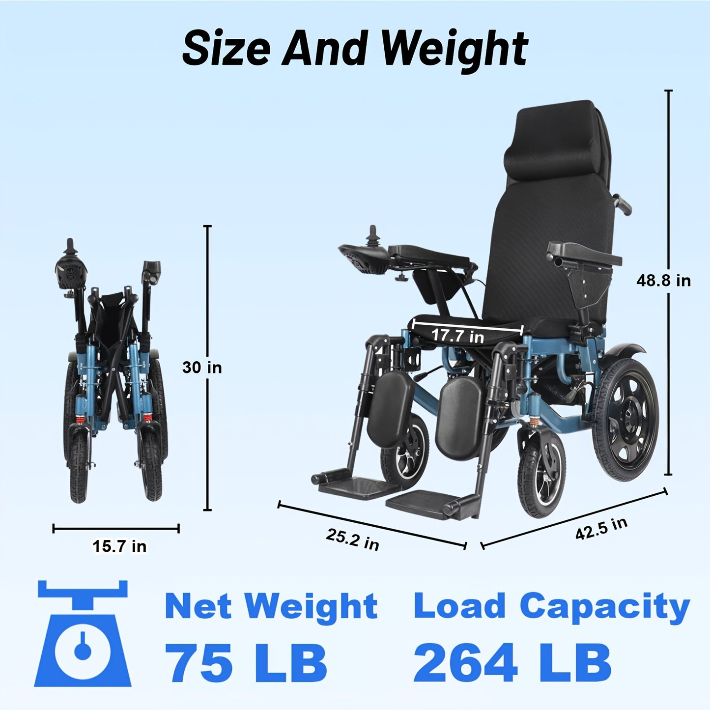 Full-Reclining Carbon Steel Frame Heavy-Duty Electric Wheelchair, Adults Elderly Foldable Power Mobility Chair, N.W. 75 Lbs, Manual Adjustment for Backrest & Leg Supports, 12Ah Lithium Battery with 9.3-Mile Range, 264 Lbs Max Load, Large Storage Bag