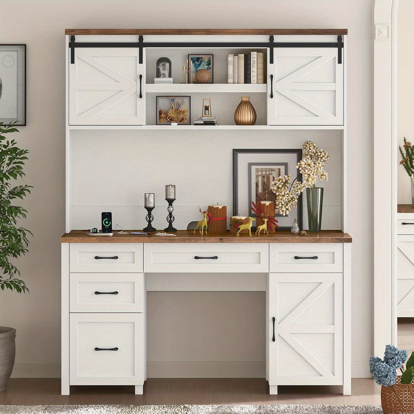 67''H Executive Desk with Storage Cabinet & 5 Drawers Wooden Office Table Computer Desk with Charging Station & Sliding Barn Doors Modern Workspace Office Desk for Home Office & Study, White