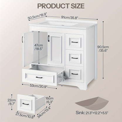 White Bathroom Vanity with Sink, Modern Storage Cabinet with Ceramic Countertop, Drawers And Cabinet, Arc Bottom Design And Metal Glides, Drain Kit Not Included, for Bathroom