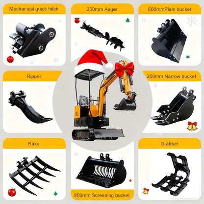 Set of 8 Mini Excavator Attachments Including Quick Hitch, Narrow Bucket, Ripper, Rake, Auger, Grapple, And Screening Bucket for Small Diggers, Available in USA Stock
