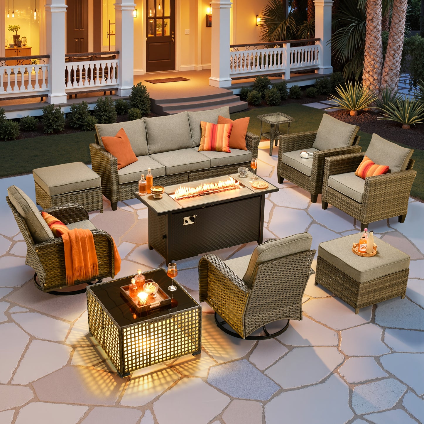 10pcs Outdoor Patio Furniture Sets With 54" Fire Pit Table And Solar Led Light Coffe Table, All-Weather PE Rattan Sectional Sofa Conversation Set With Swivel Rocking Chairs, Outside Modular Couch With Thick Cushions For Backyard, Deck, 7 Seats