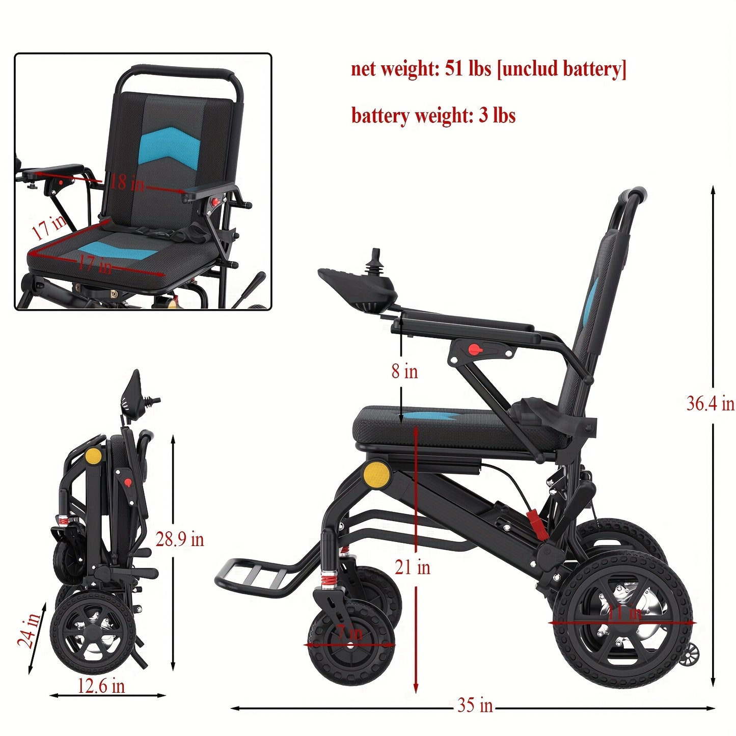 500W Motor Portable Electric Wheelchair Foldable for Adults Seniors, Intelligent Power Wheelchairs Motorized Wheelchair All Terrain Power Chair, Outdoor Wheelchair, Mobility Aid, Easy Storage, Lightweight Design, Smooth Mobility, Durable Construction
