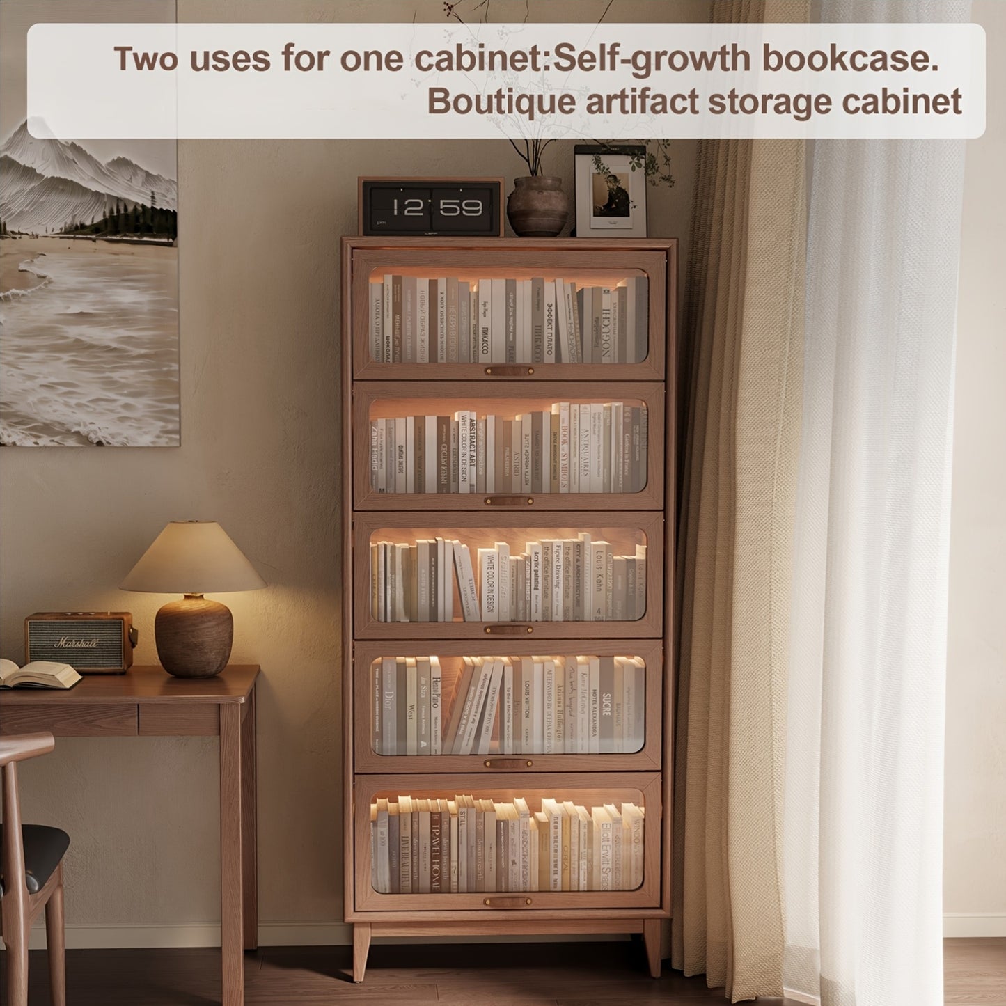 Wooden Bookshelf Multi Layer Bookshelf With Tempered Cabinet Glass Door, Brown Decorative Cube Storage Box, Bookshelf Multi Functional Storage Cabinet, Suitable For Kitchen, Home, Office