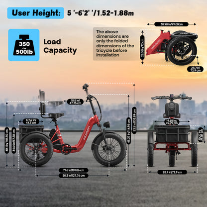 Electric Trike for Adult, Rear High-power Brushless Motor, 19MPH Commuter E-bike, 48V 18AH Cells Battery, Pickup Class 500 LB Load Electric Tricycle with 20" Tire And Large Basket, 60 Miles Range, for City And Mountain Road, Halloween Gift(Husky)