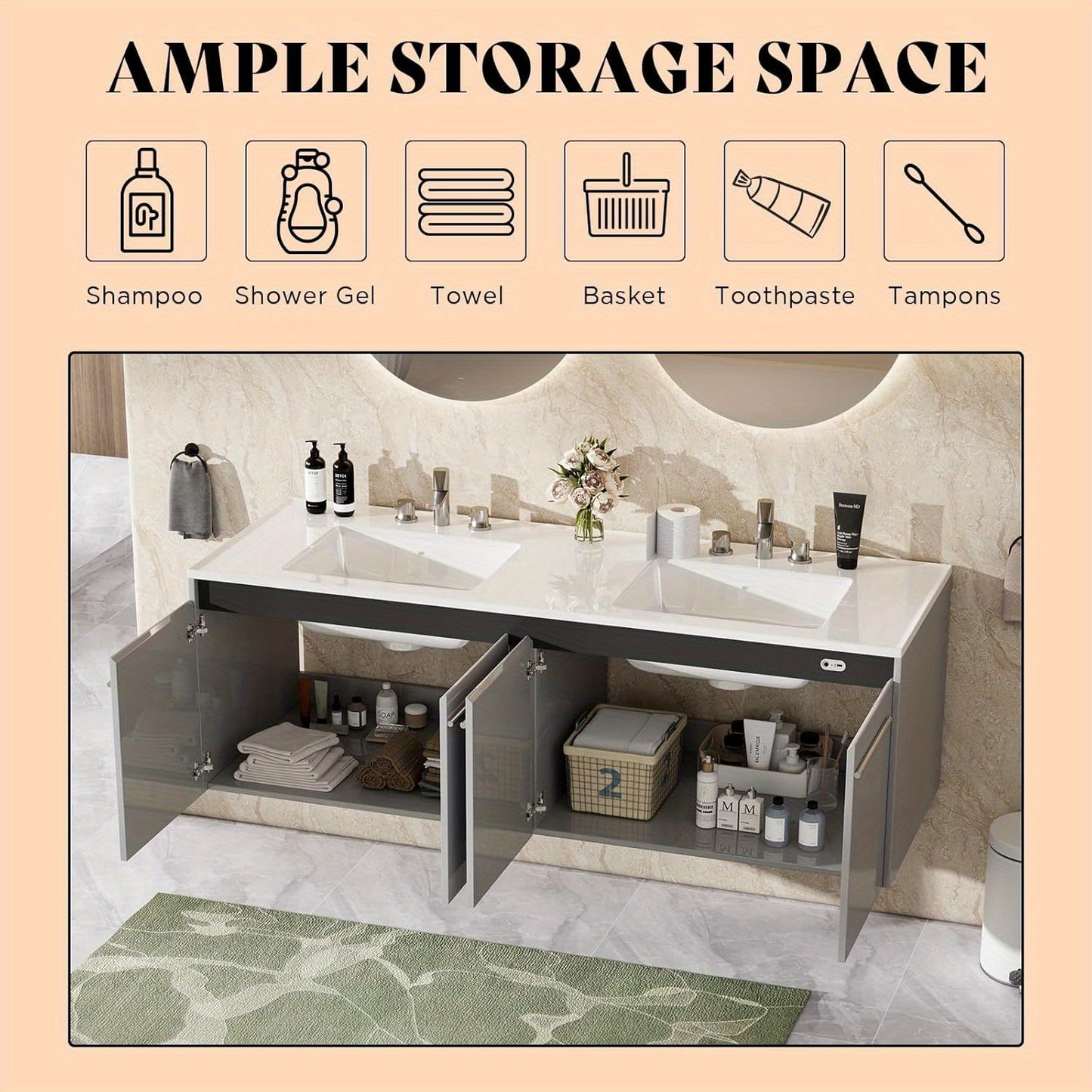 LED Floating Bathroom Double Vanity with Sink Combo, Modern High Gloss Wall Mounted Bathroom Storage Cabinet with 3 Hole Sink&& Metal Handles& Soft Closing Doors