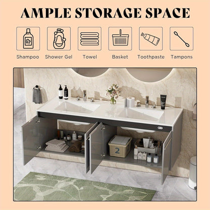 LED Floating Bathroom Double Vanity with Sink Combo, Modern High Gloss Wall Mounted Bathroom Storage Cabinet with 3 Hole Sink&& Metal Handles& Soft Closing Doors