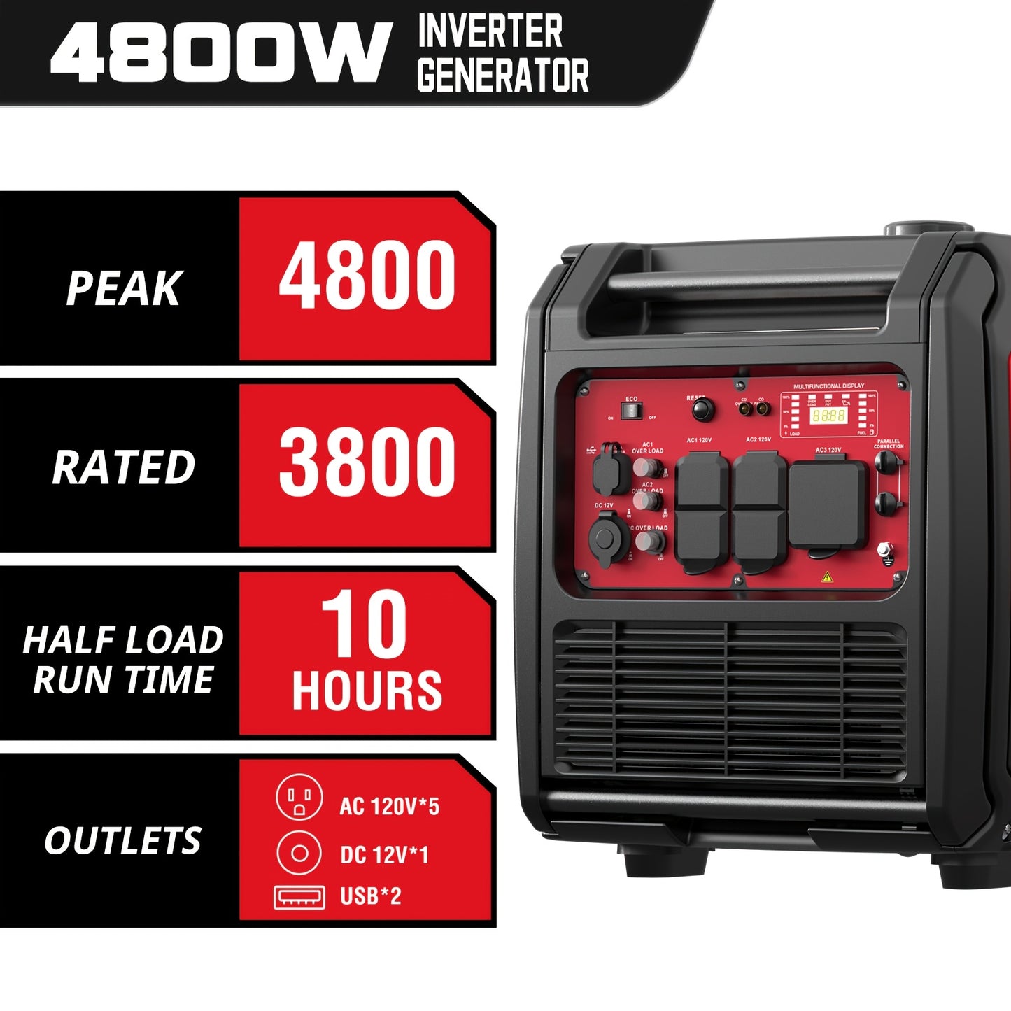 4800 Watt & 3600 Watt Gas Engine Generator for Camping & Emergencies - W/ CO Alarm, Portable, Low Noise, Inverter Generator