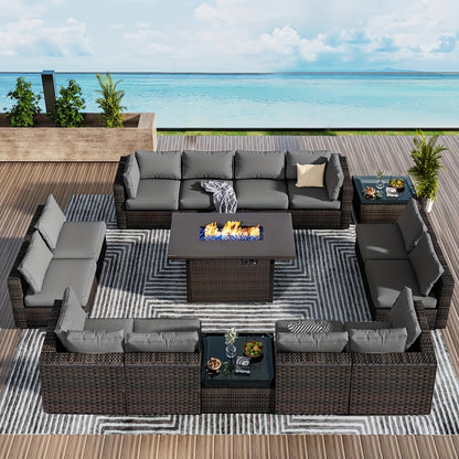 15pcs Patio Furniture Sectional Sofa with Fire Pit Table, Outdoor PE Rattan Patio Conversation Set with Glass Coffee Tables And Cushions for Garden, Poolside, Backyard