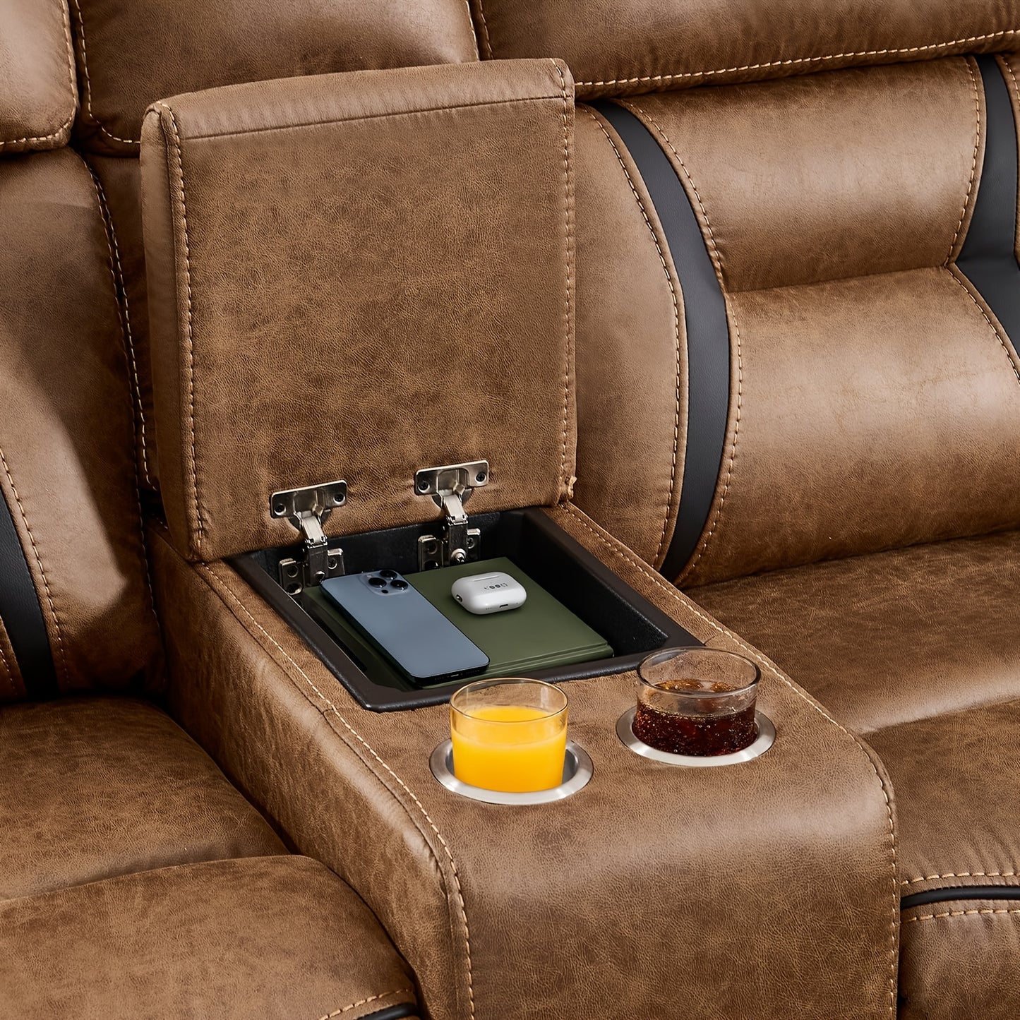Contemporary Synthetic Faux Leather Reclining Sofa Collection, 5-Seater Couch Featuring Cup Holders And Storage, Ideal for Living Rooms And Offices