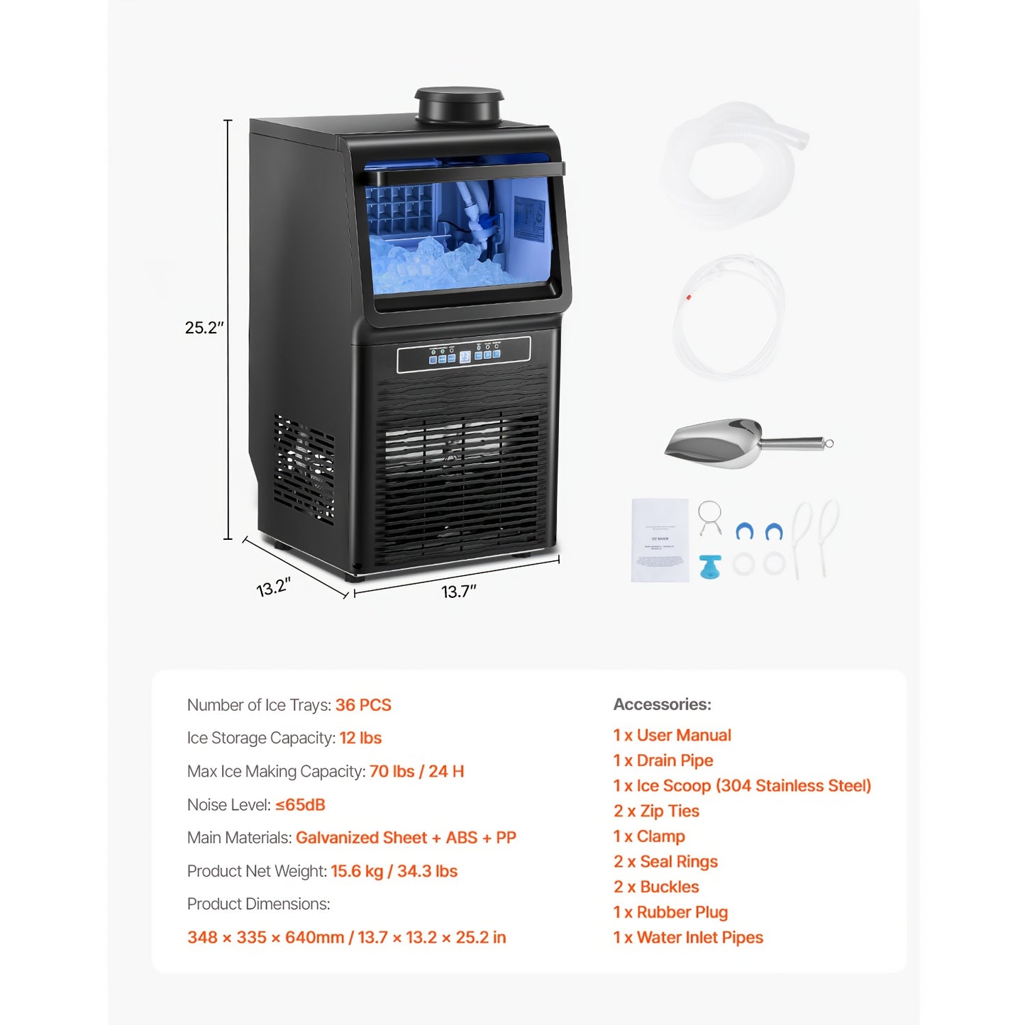 Commercial Ice Maker Machine 70/110/150/440lbs/24H, 33lbs Storage & 45 Cubes/15 Min, Dual Water Inlets, 120V US Plug, LED Display & Self-Cleaning for Bar Restaurant Office