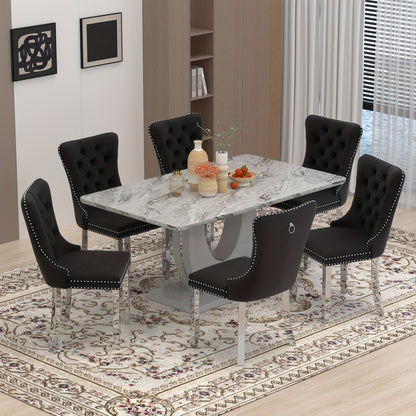 Sumdeal 63" Dining Table with 6 Velvet Dining Chairs, Modern Dining Table for 4-6 People