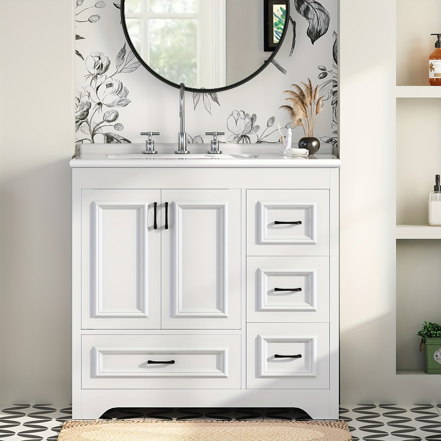 White Bathroom Vanity with Sink, Modern Storage Cabinet with Ceramic Countertop, Drawers And Cabinet, Arc Bottom Design And Metal Glides, Drain Kit Not Included, for Bathroom