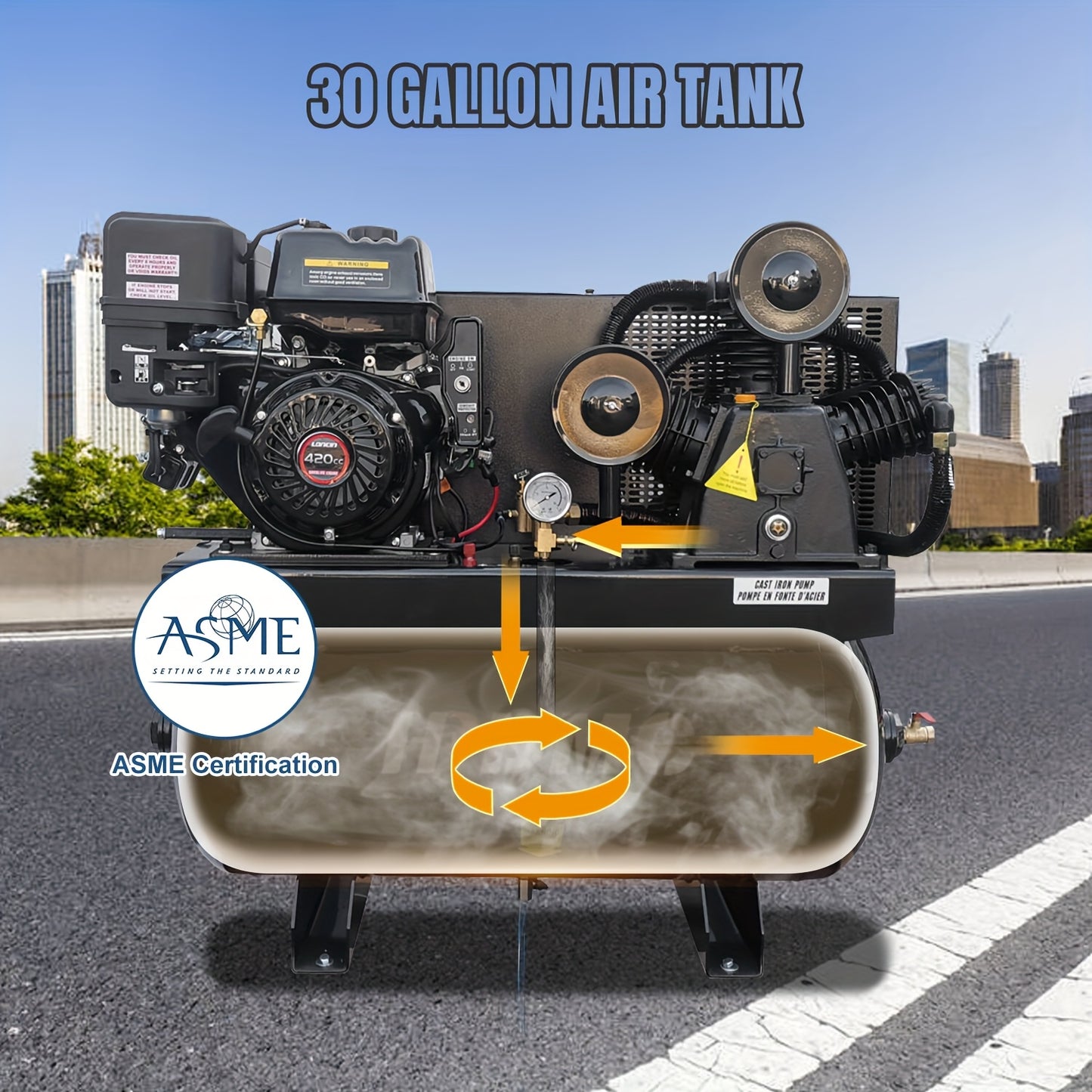 30 Gal Gas Powered Air Compressor 13HP 35CFM Gas Driven Piston Pump Air Compressed System with 125PSI Max. Pressure And ASME Tank for Worksho, Machinery, Construction Sites