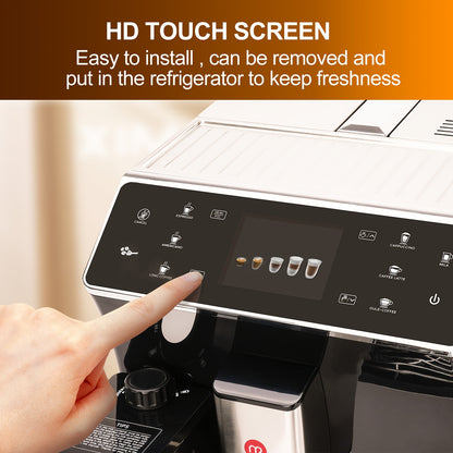 Mcilpoog Super Automatic Espresso Coffee Machine, Fully Automatic Espresso Machine With Grinder, Easy To Use Touch Screen Coffee Maker With Milk Frother.