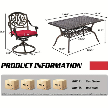 7pcs Heavy-Duty Cast Aluminum Patio Dining Set with Cast-Top Table & Chairs, Red Cushioned Seats & Backs - All-Weather Outdoor Furniture for Backyard, Porch, Poolside - Durable Metal Construction, Elegant Design for Family Gatherings & Entertaining