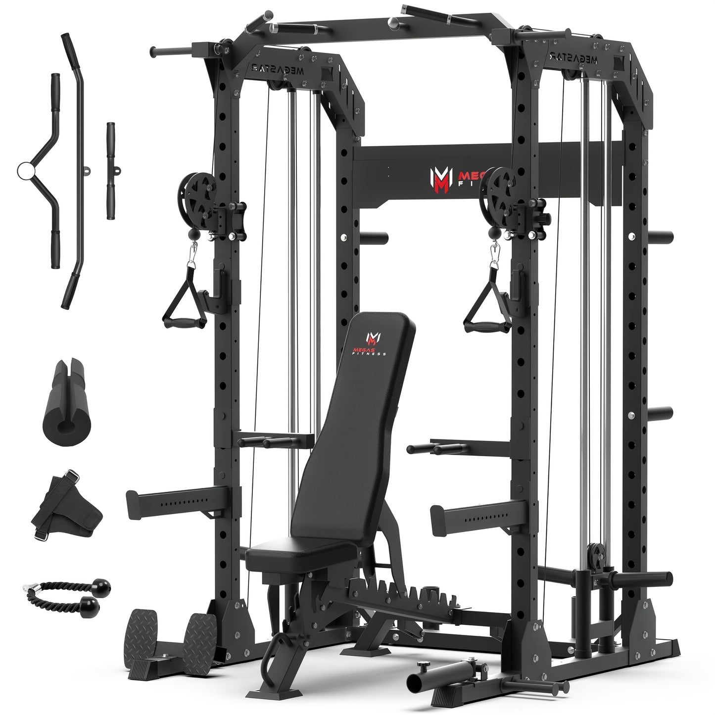 Smith Machine for Home Gym - 2000lbs Capacity All-in-One Power Rack with Cable Crossover, Pull-Up Bar & Dip Station, Includes 18 Attachments