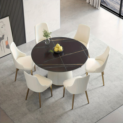 53" Circular Dining Table Suitable for 6-8 People (Table Only, Chairs Not Included), Perfect for Dining Rooms Or Kitchens, Featuring a Glossy Sintered Stone Top And a Beige Solid Wood Base, Ideal for Restaurants As Well