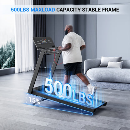 Treadmill with 15% Auto Incline And Handle Bar, 4.5HP Treadmill 500lbs Capacity, Foldable Treadmill for Small Space, 1.0-10 MPH, ZWIFT/KINOMAP APP & LED Display, Easy to Move, Heavy Duty Treadmill for Home Gym