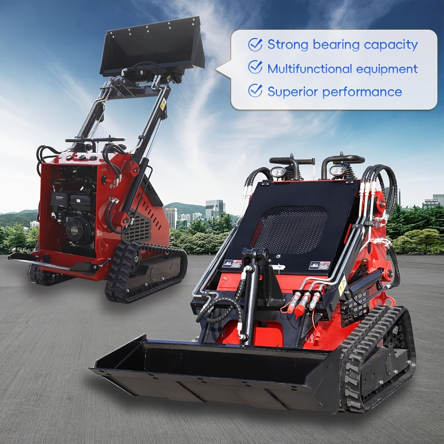 Mini Skid Steer Loader -13.5 HP Engine, Compact Track LoaderCompact Track Loader for Efficient Snow Clearing, Multi Functional Bulldozer Shovel Engineering Vehicle for Farms Gardens Park Roads Factories