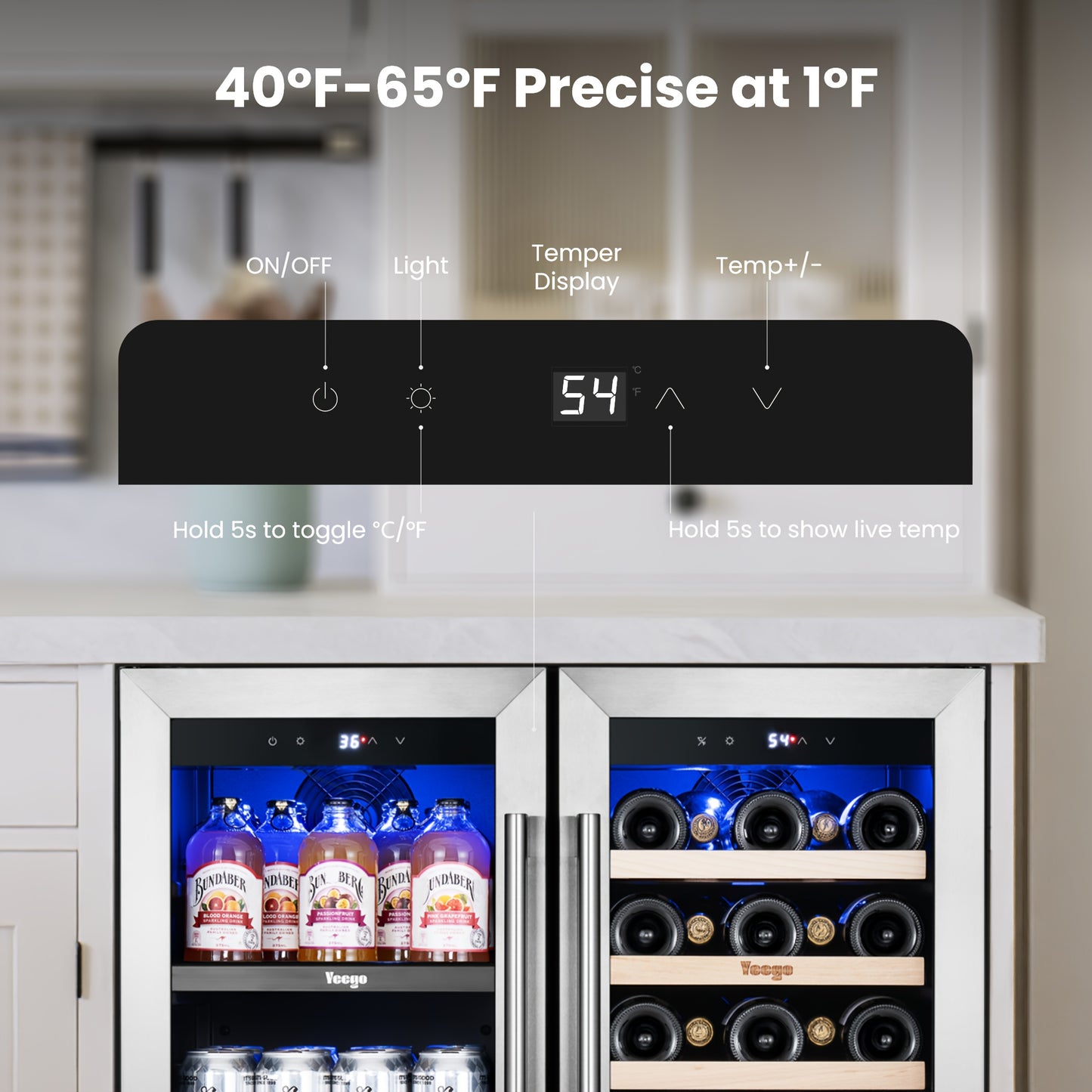 Yeego Wine And Beverage Refrigerator, 30 Inch Dual Zone Wine & Beverage Cooler, 33 Bottles & 80 Cans, Freestanding/Built-in Glass Door with Digital Control & Blue LED Display, 36-72°F Double Door Wine Refrigerator, Ideal for Bar/Home/Restaurant