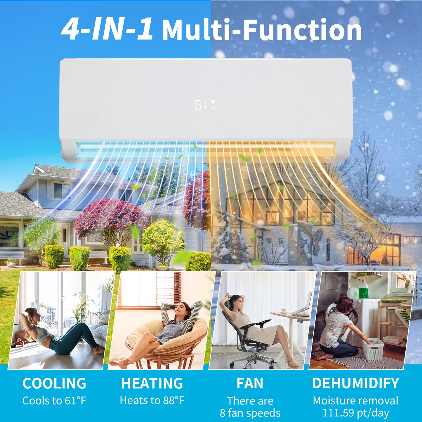 28000 BTU 2-Zone Ductless Mini Split AC/Heat Pump 20 SEER2, Pre-Charged Condenser, 9K+18K BTU Indoor Units, 2x25ft Installation Kits, Ideal for Home,