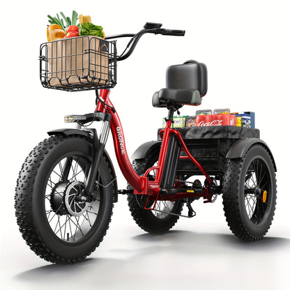 Adult Electric Tricycle, 20" Fat Tire Foldable Electric Tricycle with 749W Brushless Motor, 36V 15Ah Removable Battery Ebike 55Miles Range, 19MPH Cargo Tricycle with Basket, Suitable for Farm Work/Commuting/Travel