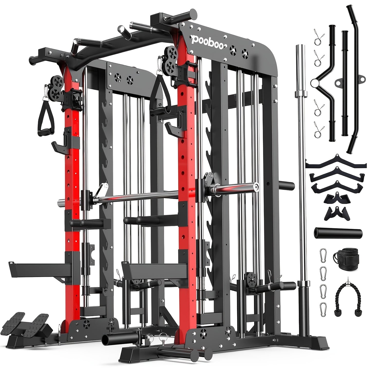 HASIMAN Multi-Functional Power Rack Cage with 2000 Pounds Capacity, LAT Pull Down J-Hooks, Dip Bars, T-Bar, Cable Handles And Other Attachments, Home Gym Exercise Machine, Comprehensive Workout Equipment