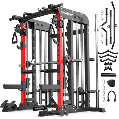 HASIMAN Multi-Functional Power Rack Cage with 2000 Pounds Capacity, LAT Pull Down J-Hooks, Dip Bars, T-Bar, Cable Handles And Other Attachments, Home Gym Exercise Machine, Comprehensive Workout Equipment
