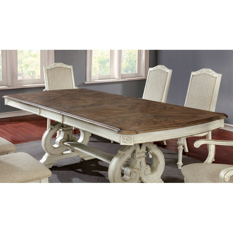 Antique White Dining Room 9pcs Set Table W/ Leaf And 6X Side Chairs 2X Arm Chairs Ivory Fabric Upholstered Seat