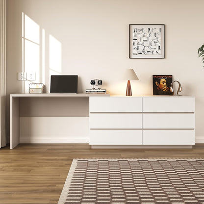 Modern Expandable Desk, 97.63-inch L-shaped Corner Computer Desk with 6 Drawers, Suitable for Home Office and Study Space, White and Khaki
