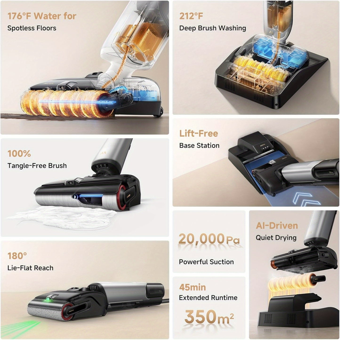 Plus Additional Cleaning Solution Smart Wet Dry Vacuum Cleaner Set, 20000Pa Cordless Vacuum Mop Featuring Zero Tangle, Hot Water Mopping for Tough Stains, 194F Hot Air Self-Drying, 180° Flat Laying, Push-In Charging Dock, LED Screen
