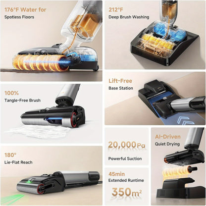 Plus Additional Cleaning Solution Smart Wet Dry Vacuum Cleaner Set, 20000Pa Cordless Vacuum Mop Featuring Zero Tangle, Hot Water Mopping for Tough Stains, 194F Hot Air Self-Drying, 180° Flat Laying, Push-In Charging Dock, LED Screen