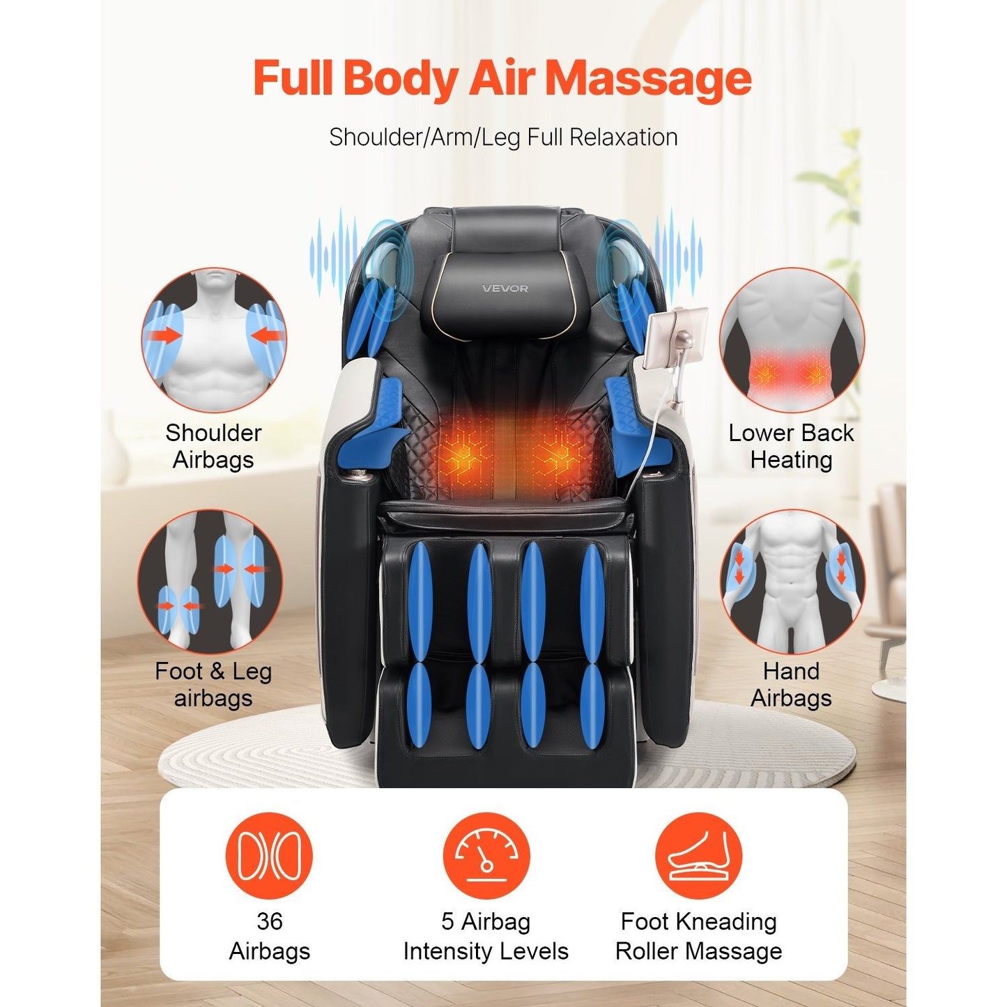 Full Body Massage Chair, 3D Zero Gravity Recliner with SL Track, 18 Auto Modes, Heat, Foot Rollers, Armrest Control, LCD Display, 36 Airbags, Retractable Footrest
