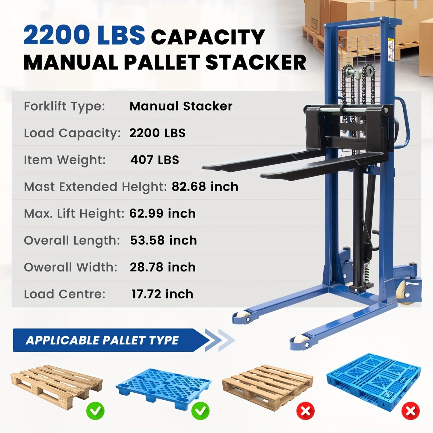 Industrial Heavy-Duty 2200lbs Manual Hydraulic Pallet Stacker | Adjustable Lift Height 3.78"-63" | Fixed Legs & Blue Metal Grid Design | Adjustable Forks For Open Bottom/Block Pallets